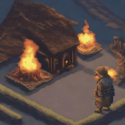 A pixel art depiction of a peasant standing and looking at a village that is on fire