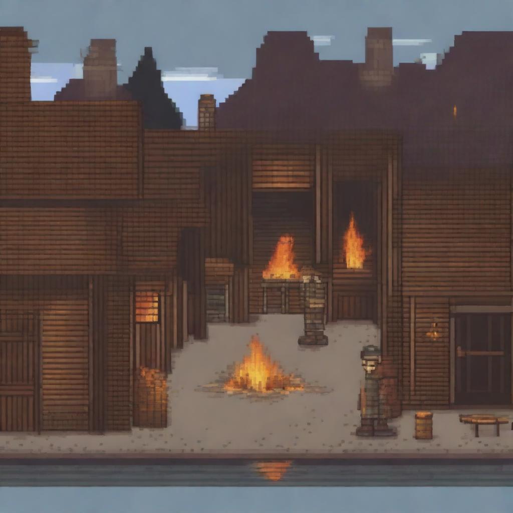 A pixel art depiction of a peasant standing and looking at a village that is on fire