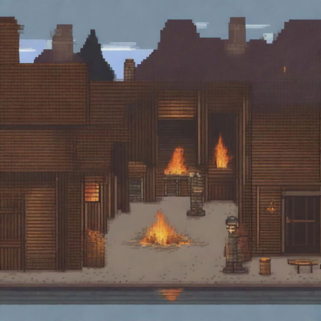 A pixel art depiction of a peasant standing and looking at a village that is on fire