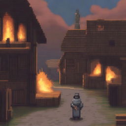 A pixel art depiction of a peasant standing and looking at a village that is on fire