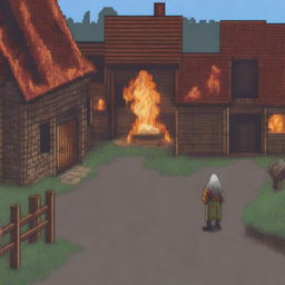 A pixel art depiction of a peasant standing and looking at a village that is on fire