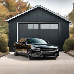 A black Dodge Charger parked next to a small garage