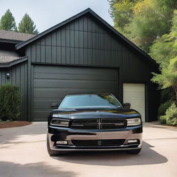 A black Dodge Charger parked next to a small garage