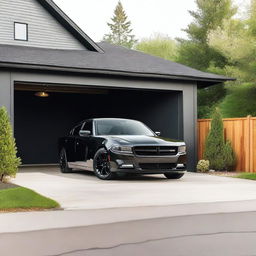 A black Dodge Charger parked next to a small garage