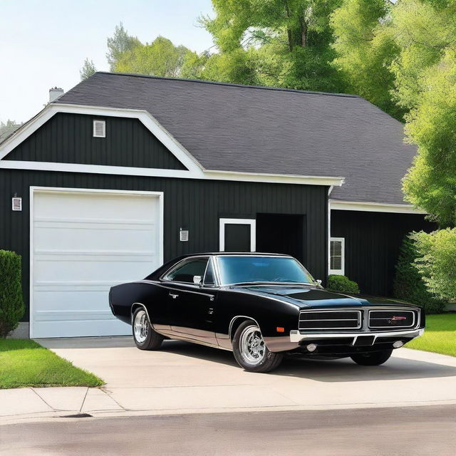 A black Dodge Charger parked next to a small garage