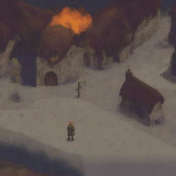 A pixel art depiction of a peasant standing at a distance, looking at a village that is burning