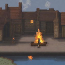 A pixel art depiction of a peasant standing at a distance, looking at a village that is burning