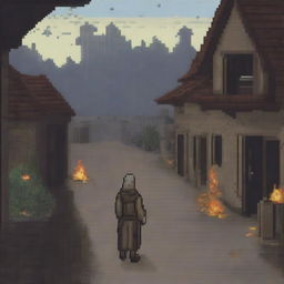 A pixel art depiction of a peasant standing at a distance, looking at a village that is burning