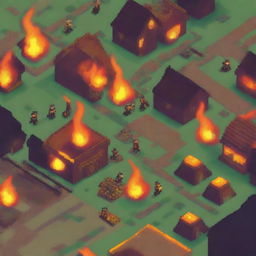 A pixel art scene depicting a village on fire