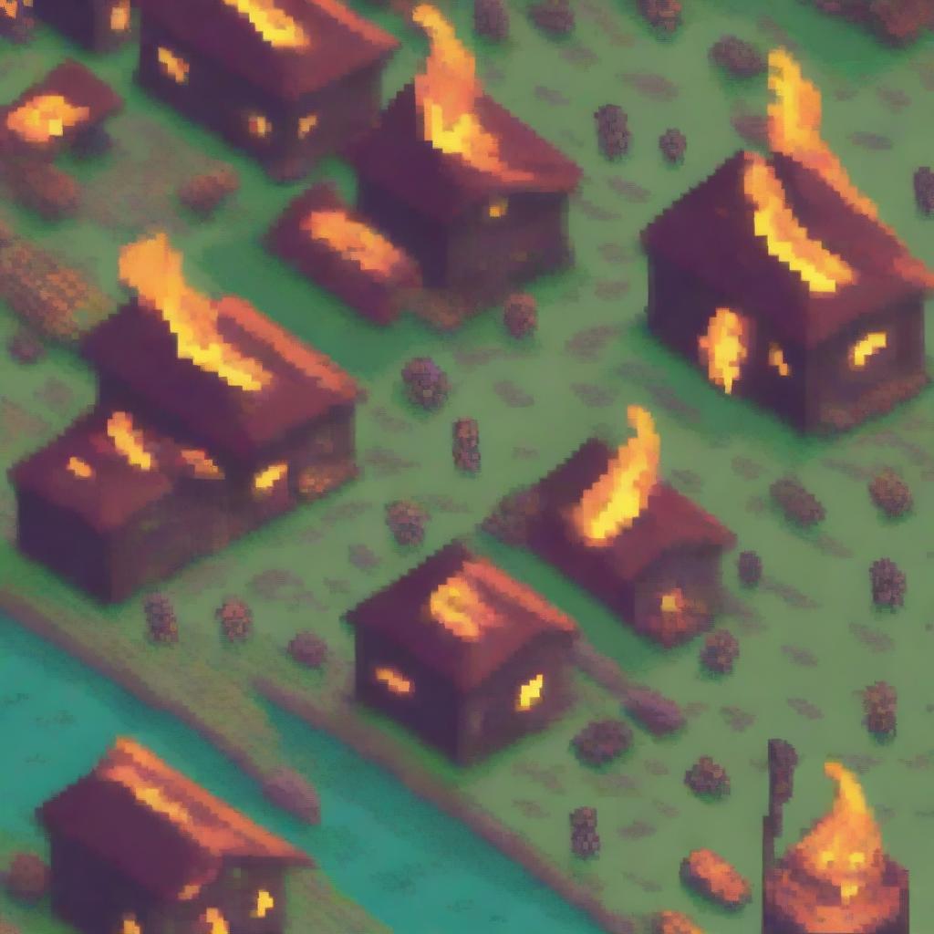 A pixel art scene depicting a village on fire