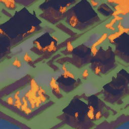 A pixel art scene depicting a village on fire