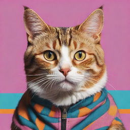 Realistically drawn cat styled in vibrant 90s era aesthethics, showcasing retro colors and patterns.