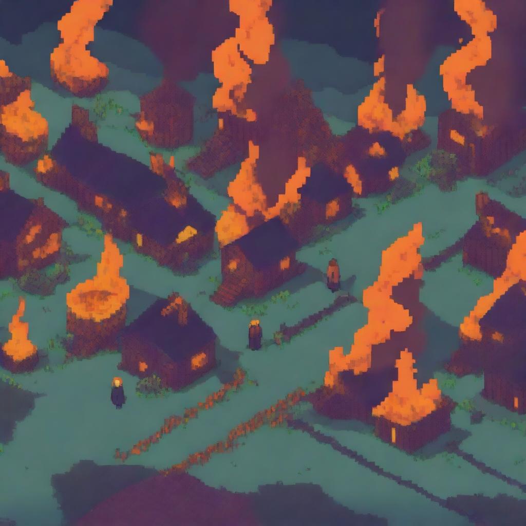 A pixel art scene depicting a village on fire