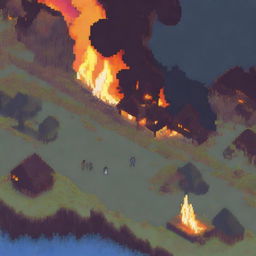 A pixel art scene depicting a village on fire