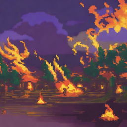 A pixel art scene depicting a village on fire