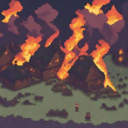 A pixel art scene depicting a village on fire