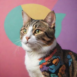 Realistically drawn cat styled in vibrant 90s era aesthethics, showcasing retro colors and patterns.