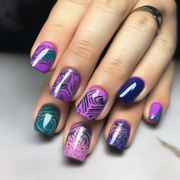 A beautifully designed manicure showcasing intricate nail art with vibrant colors and elegant patterns