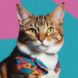 Realistically drawn cat styled in vibrant 90s era aesthethics, showcasing retro colors and patterns.