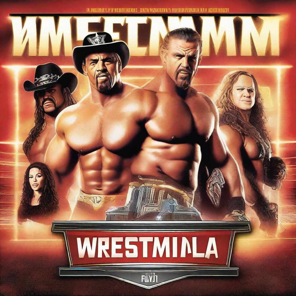 A vivid fantasy booking poster for WrestleMania 41, featuring epic wrestling superstars in dynamic poses