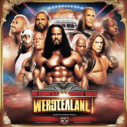 A vivid fantasy booking poster for WrestleMania 41, featuring epic wrestling superstars in dynamic poses