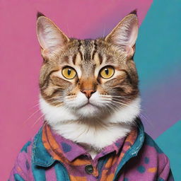 Realistically drawn cat styled in vibrant 90s era aesthethics, showcasing retro colors and patterns.