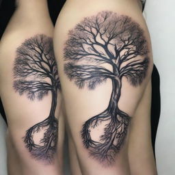 A detailed and elegant tattoo design featuring a mystical tree with intricate roots and branches