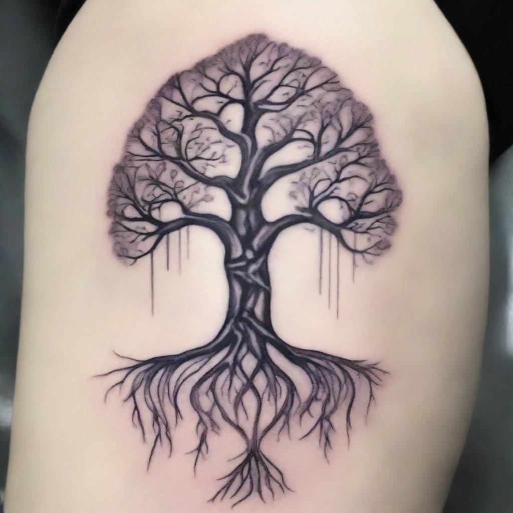 A detailed and elegant tattoo design featuring a mystical tree with intricate roots and branches