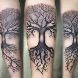 A detailed and elegant tattoo design featuring a mystical tree with intricate roots and branches