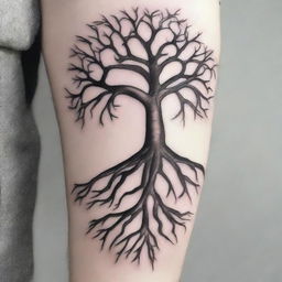 A detailed and elegant tattoo design featuring a mystical tree with intricate roots and branches