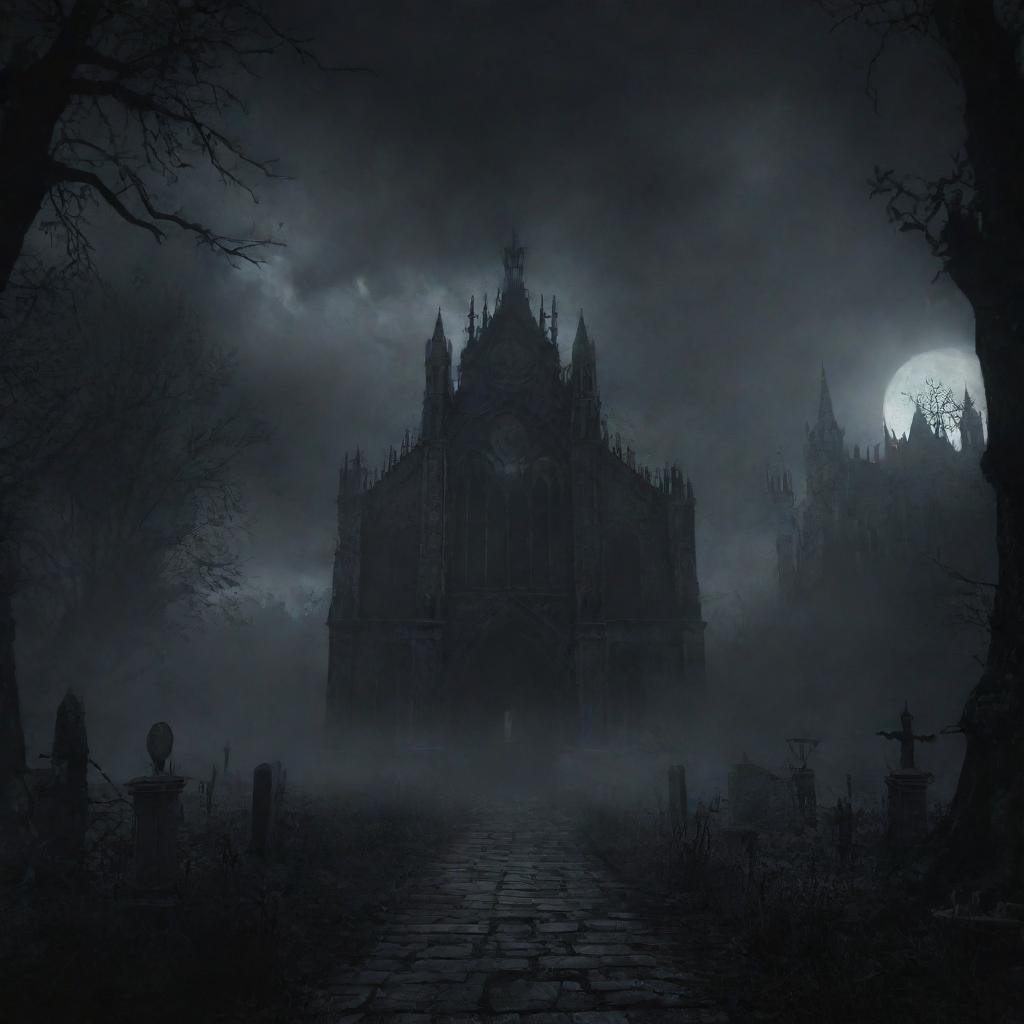 A dark, immersive 1920x1080 resolution background image for a souls-like game title screen, filled with hauntingly gothic atmosphere.