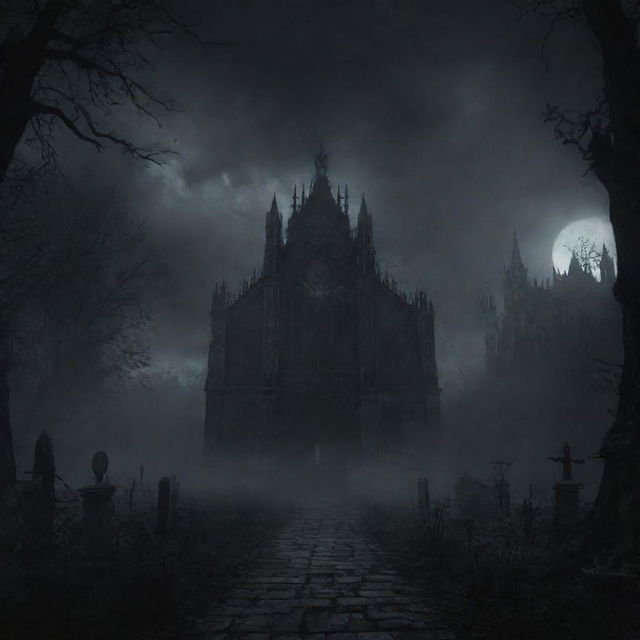 A dark, immersive 1920x1080 resolution background image for a souls-like game title screen, filled with hauntingly gothic atmosphere.