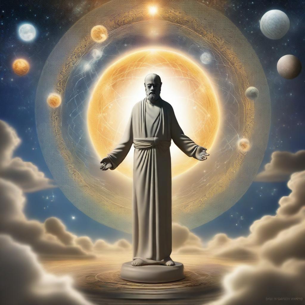 A divine figure in the sky looking down at a representation of science on Earth