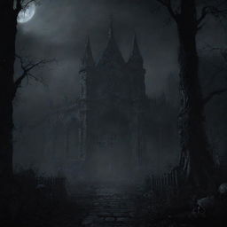 A dark, immersive 1920x1080 resolution background image for a souls-like game title screen, filled with hauntingly gothic atmosphere.