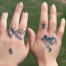 Create a set of finger tattoo ideas for couples, using only black and grey ink