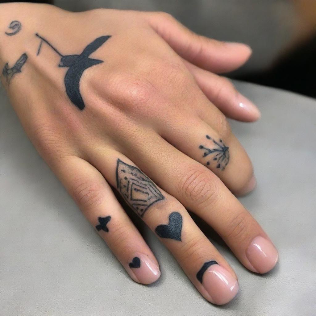 Create a set of finger tattoo ideas for couples, using only black and grey ink