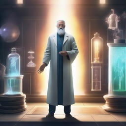 A god standing in front of a science laboratory, looking directly at it