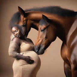 The image depicts a pregnant African woman looking at her profile while a horse observes her belly closely