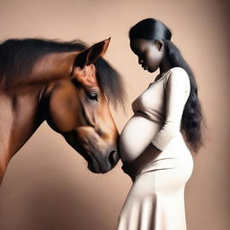 The image depicts a pregnant African woman looking at her profile while a horse observes her belly closely