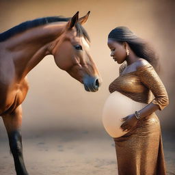 The image depicts a pregnant African woman looking at her profile while a horse observes her belly closely