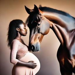 The image depicts a pregnant African woman looking at her profile while a horse observes her belly closely