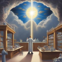 A depiction of God in the sky, looking down at a science laboratory