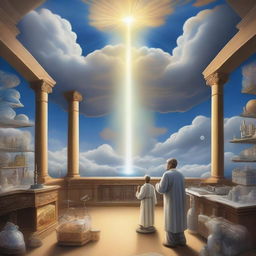 A depiction of God in the sky, looking down at a science laboratory