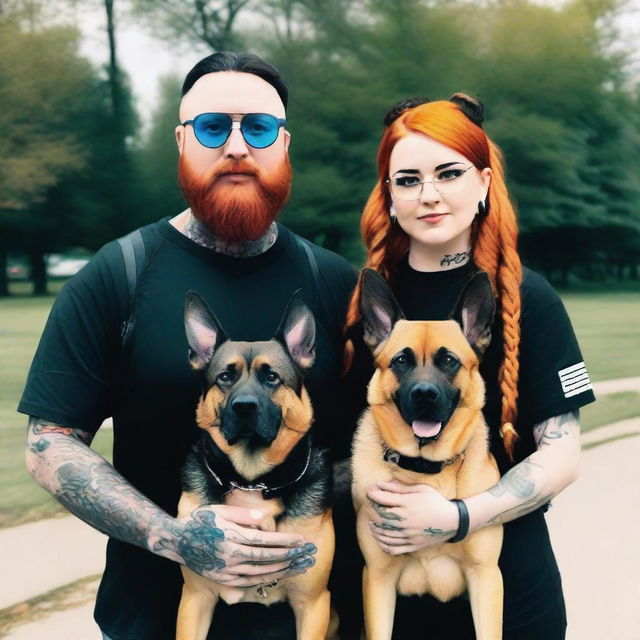 A couple standing together with a male who has a ginger colored beard, glasses, and a stocky build