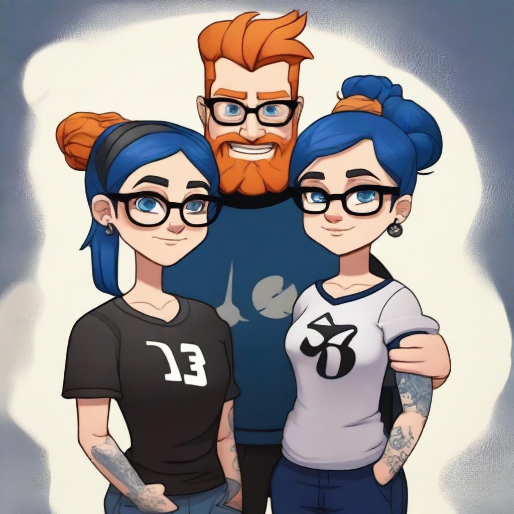 A couple standing together with a male who has a ginger colored beard, glasses, and a stocky build