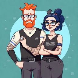 A couple standing together with a male who has a ginger colored beard, glasses, and a stocky build