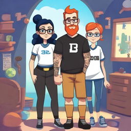 A couple standing together with a male who has a ginger colored beard, glasses, and a stocky build