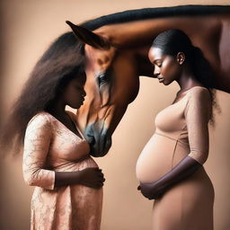 The image depicts a pregnant African woman looking at her profile while a horse observes her belly closely