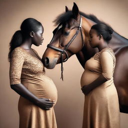 The image depicts a pregnant African woman looking at her profile while a horse observes her belly closely