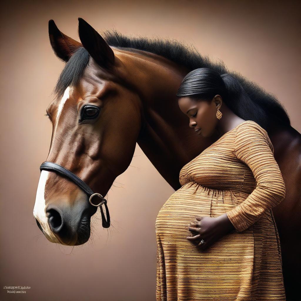 The image depicts a pregnant African woman looking at her profile while a horse observes her belly closely